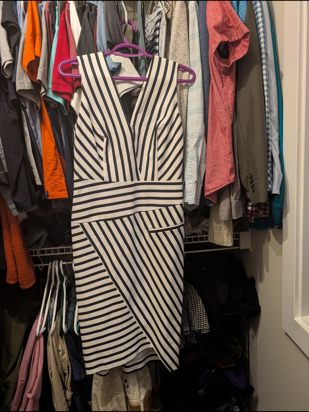 RW&CO. Black and White Striped V-Neck Midi Dress